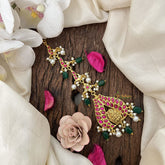 Vriksham Elegant Lakshmi With Peacock Feather Pearl Kundan Jadau Maang Tikka-Green Bead-J3490